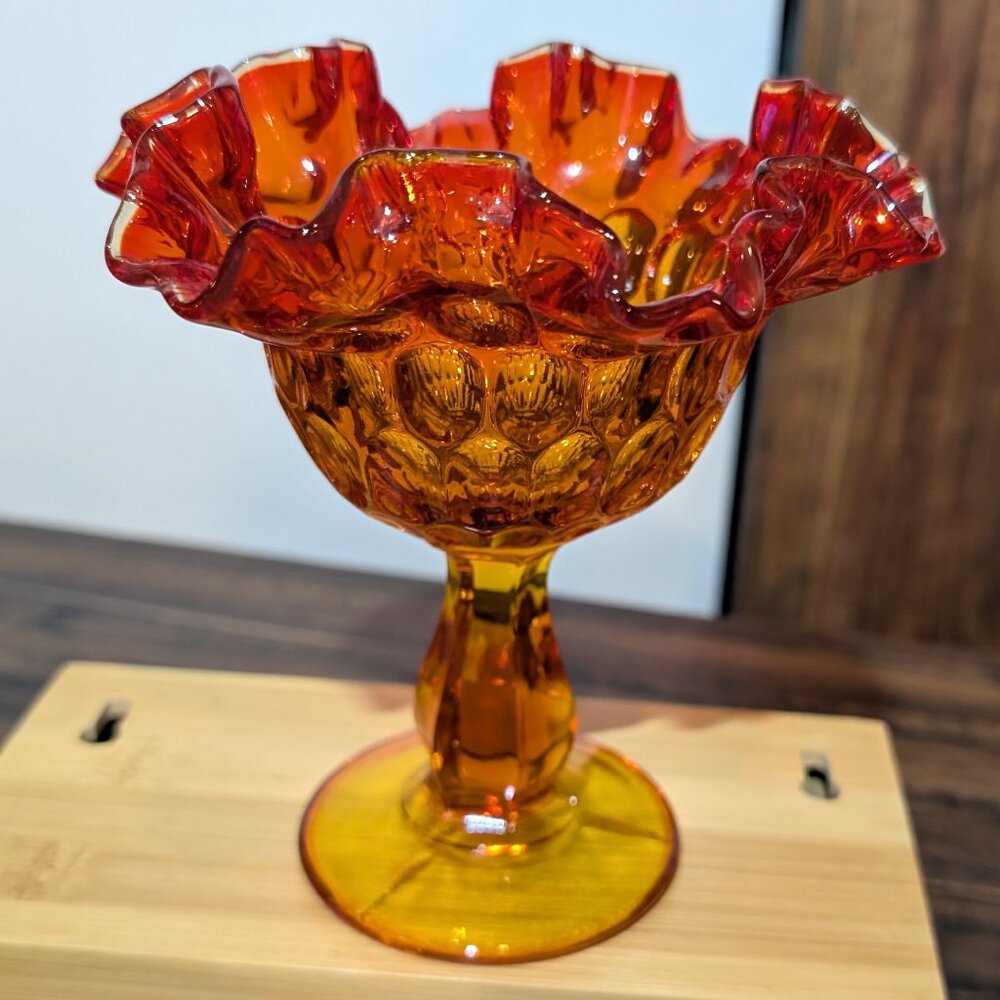 Vtg Fenton Amberina Ruffled Thumbprint Pedestal Compote / Candy Dish